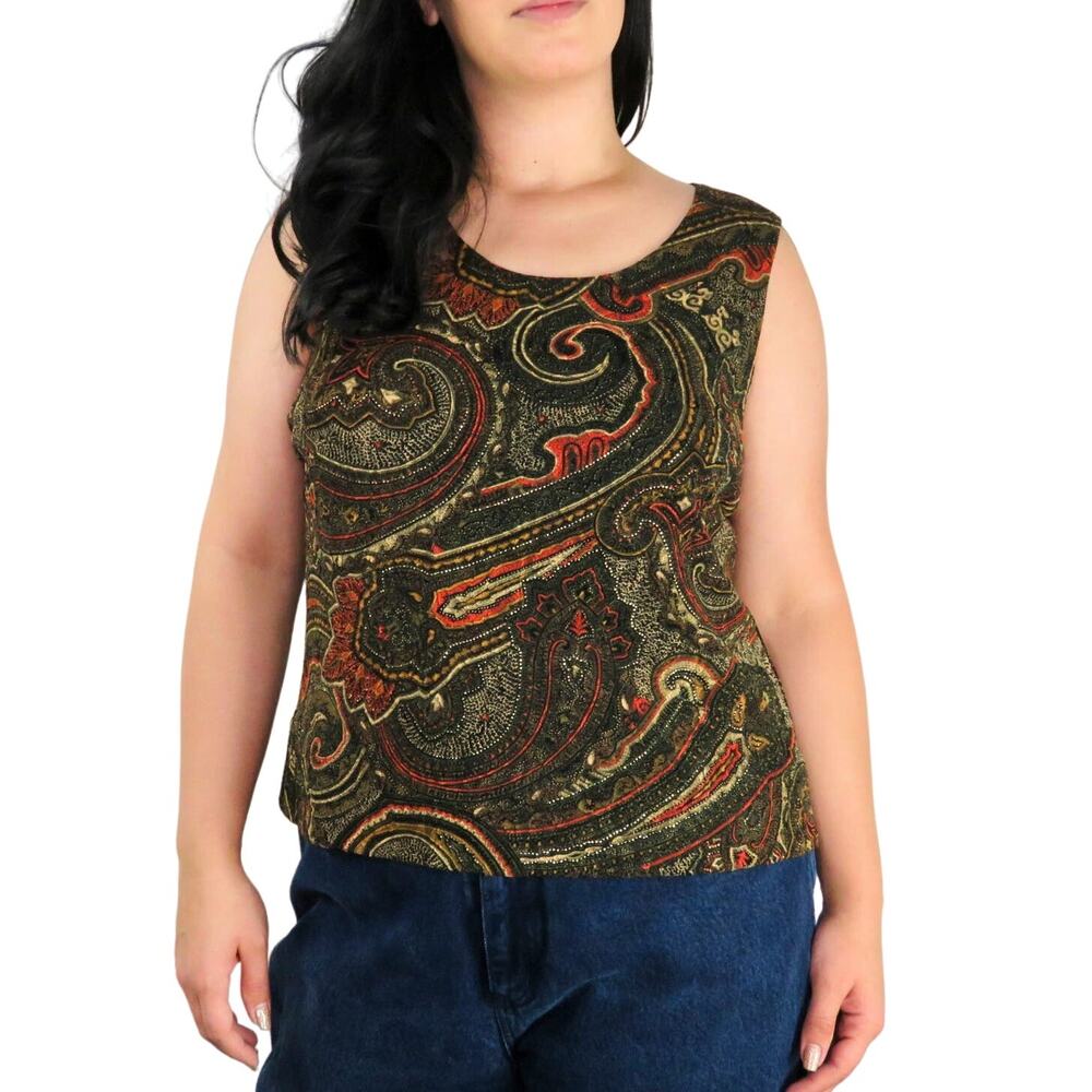 Mirasol 1990s Vintage Brown Paisley Retro Sleeveless Top Blouse Tank Large